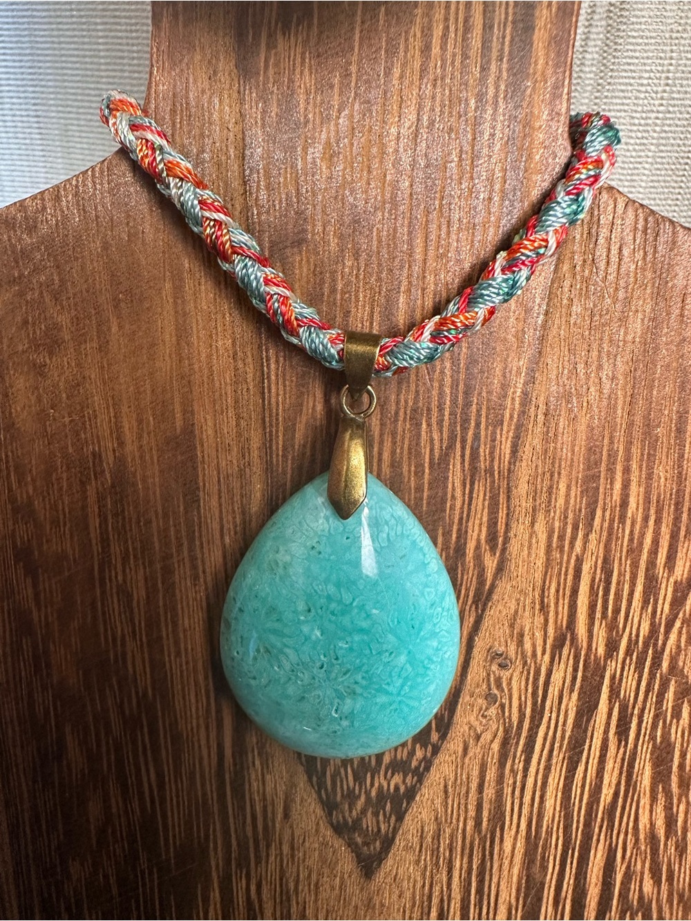 Handcrafted Green Coral Fossil Teardrop Pendant Necklace on Multicolor Rope - Picture 3 of 15